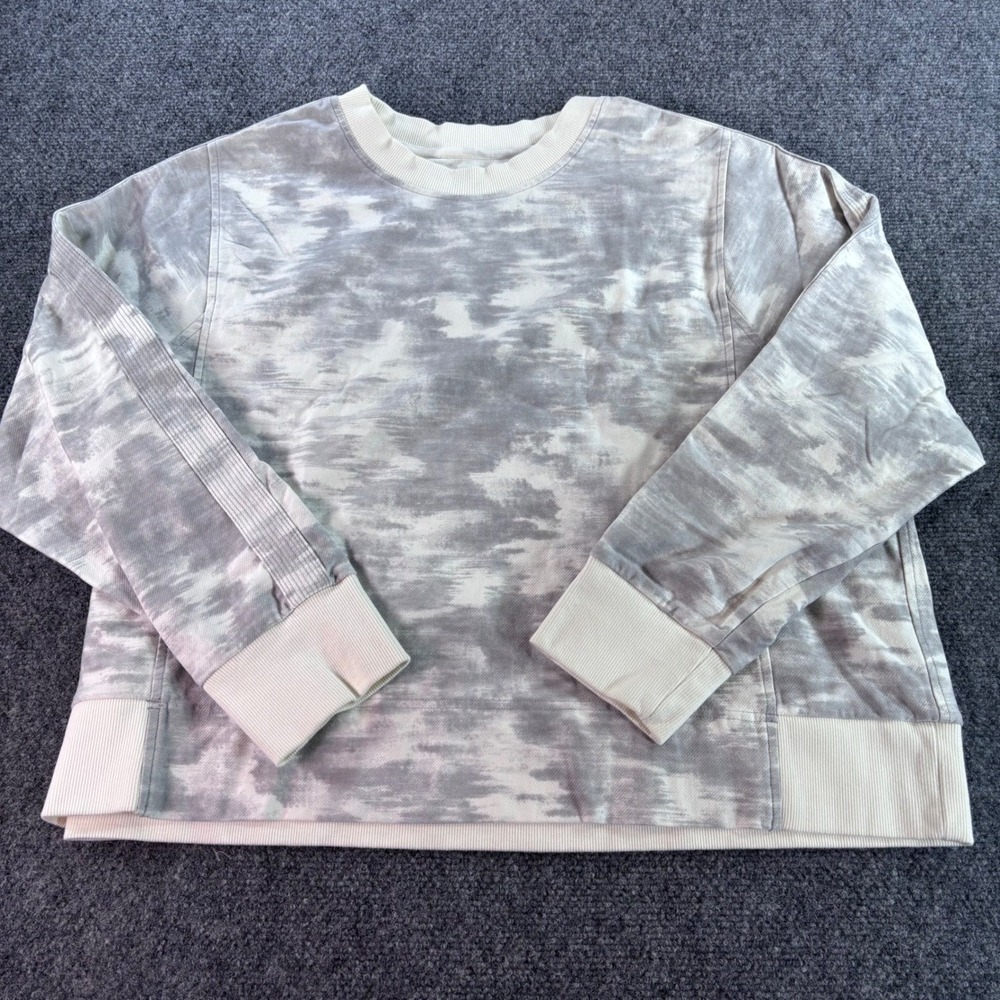 Athleta‎ Sweatshirt Womens 1X Grey White Cloud Print Tie Dye Ribbed Pullover